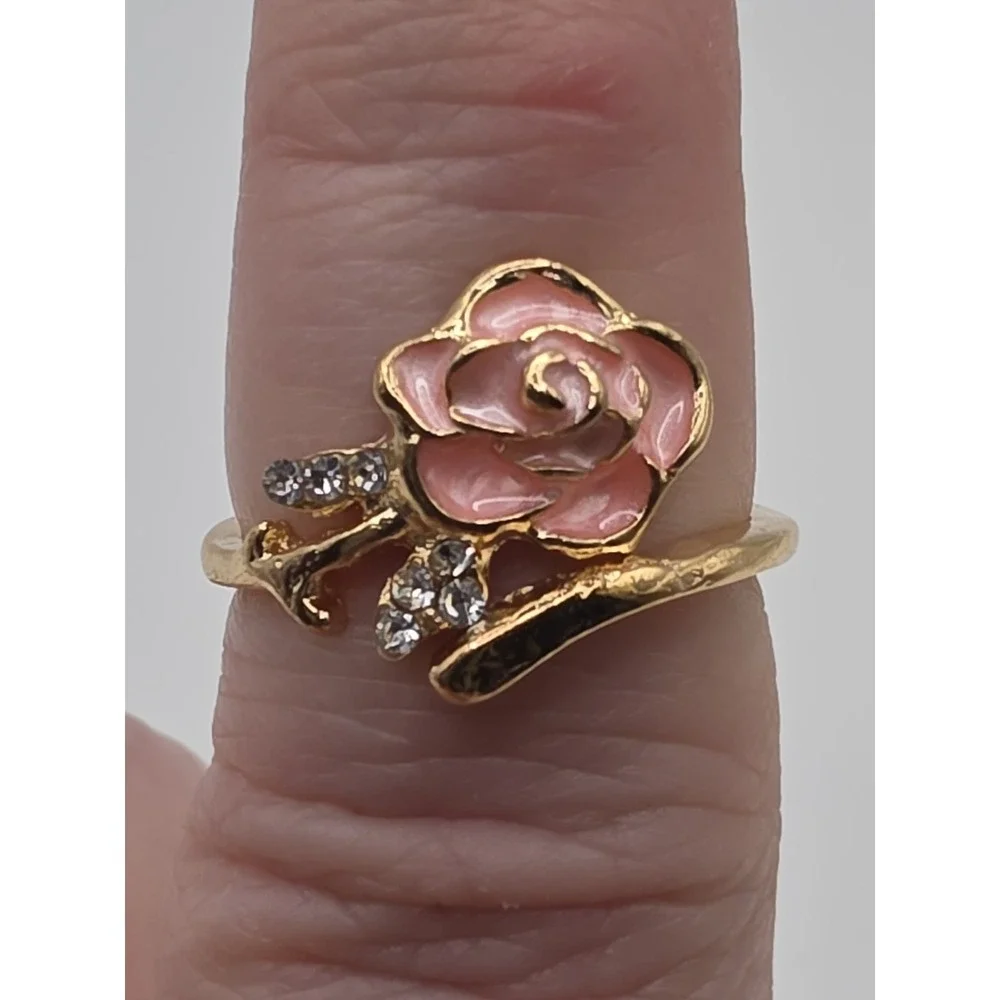 Enamel Flower Pink Rose Goldtone One Size Fits All Ring